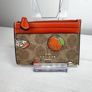 Coach Orange Print Signature Zip Card Case Key Ring ID Holder NWOT